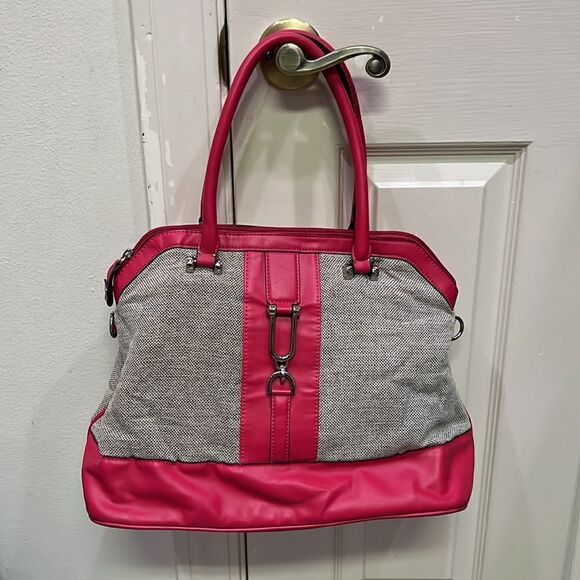 London Fog Simulated Leather Pink & Woven Satchel Purse with Long Strap - Picture 4 of 8